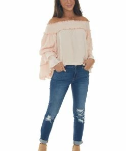 Easel Tea Rose Off Shoulder Tiered Ruffle Sleeve Top Tops