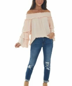 Easel Tea Rose Off Shoulder Tiered Ruffle Sleeve Top Tops