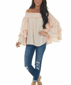 Easel Tea Rose Off Shoulder Tiered Ruffle Sleeve Top Tops