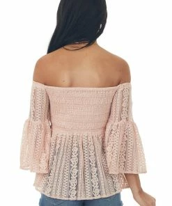 Flying Tomato Tea Rose Off The Shoulder Smocked Lace Peplum Top Tops