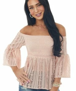 Flying Tomato Tea Rose Off The Shoulder Smocked Lace Peplum Top Tops