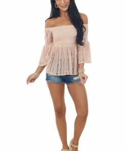 Flying Tomato Tea Rose Off The Shoulder Smocked Lace Peplum Top Tops