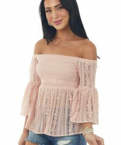Flying Tomato Tea Rose Off The Shoulder Smocked Lace Peplum Top Tops