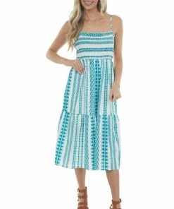 Umgee Teal Abstract Striped Sleeveless Midi Dress Dresses