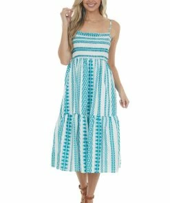 Umgee Teal Abstract Striped Sleeveless Midi Dress Dresses