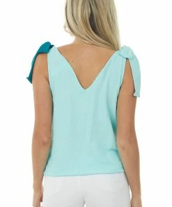 BiBi Tops Teal And Arctic Surplice Shoulder Tie Blouse