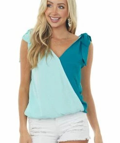 BiBi Tops Teal And Arctic Surplice Shoulder Tie Blouse