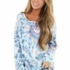 BiBi Tops Teal And Dusty Blue Tie Dye Pullover Top With Long Sleeves