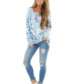 BiBi Tops Teal And Dusty Blue Tie Dye Pullover Top With Long Sleeves