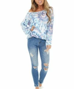 BiBi Tops Teal And Dusty Blue Tie Dye Pullover Top With Long Sleeves