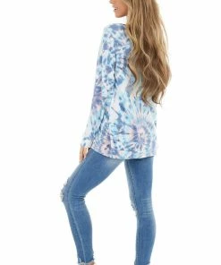 BiBi Tops Teal And Dusty Blue Tie Dye Pullover Top With Long Sleeves