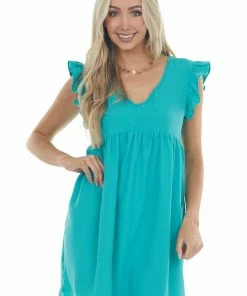 Umgee Teal Babydoll Ruffle Sleeve Woven Dress