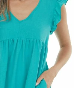Umgee Teal Babydoll Ruffle Sleeve Woven Dress 25 Umgee Teal Babydoll Ruffle Sleeve Woven Dress