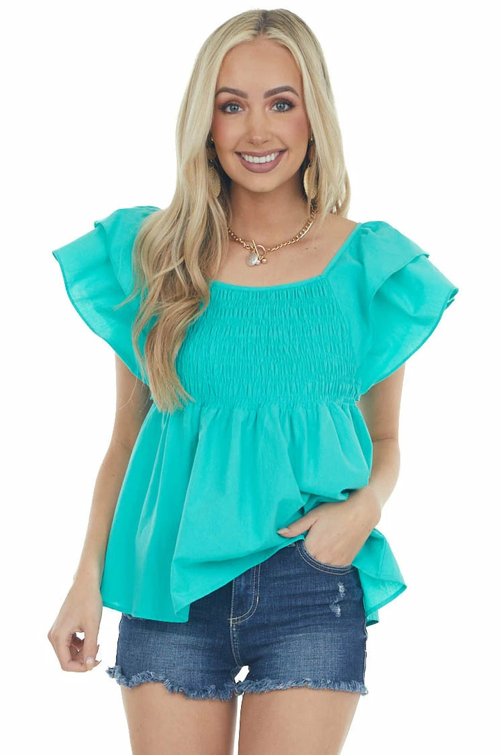 Umgee Teal Babydoll Smocked Ruffle Sleeve Top 4 Umgee Teal Babydoll Smocked Ruffle Sleeve Top