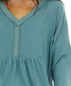 Umgee Tops Teal Blue Long Sleeve Babydoll Top With Frayed Hemline