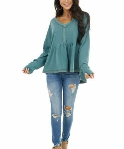 Umgee Tops Teal Blue Long Sleeve Babydoll Top With Frayed Hemline