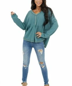 Umgee Tops Teal Blue Long Sleeve Babydoll Top With Frayed Hemline