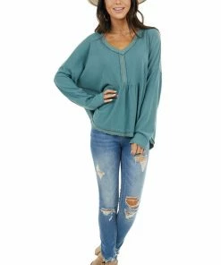 Umgee Tops Teal Blue Long Sleeve Babydoll Top With Frayed Hemline