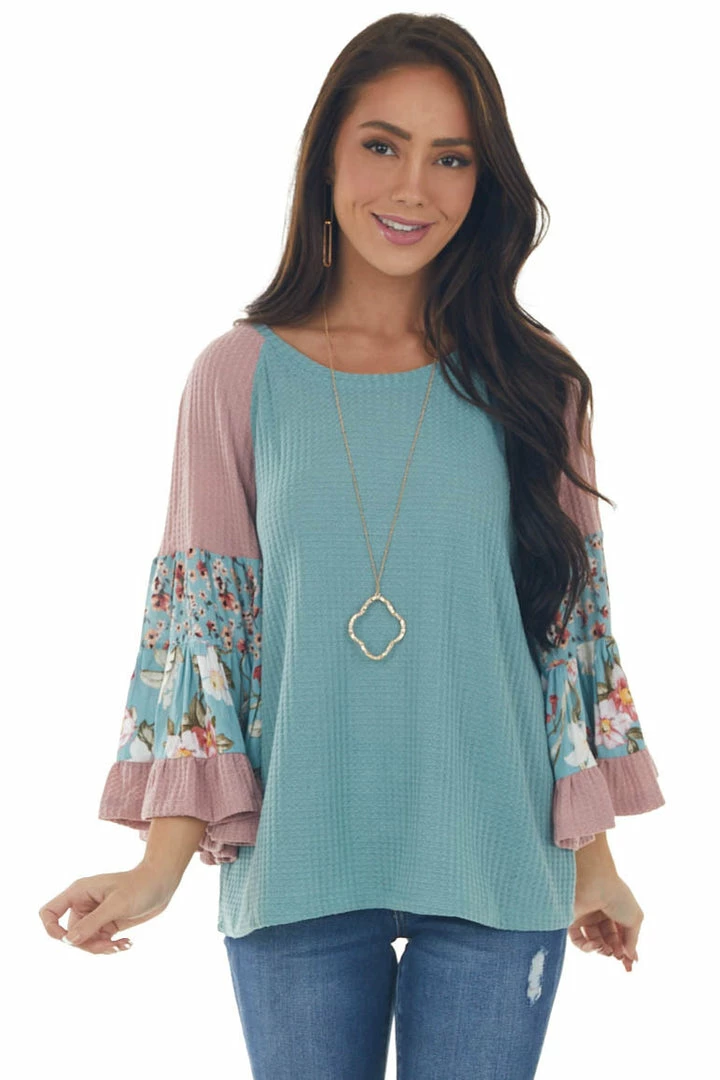 Umgee Teal Colorblock Tiered Sleeve Waffle Knit Top 3 Umgee Teal Colorblock Tiered Sleeve Waffle Knit Top