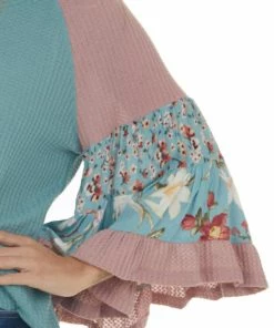 Umgee Teal Colorblock Tiered Sleeve Waffle Knit Top 25 Umgee Teal Colorblock Tiered Sleeve Waffle Knit Top