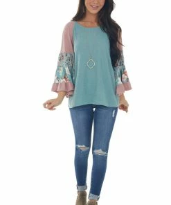 Umgee Teal Colorblock Tiered Sleeve Waffle Knit Top 19 Umgee Teal Colorblock Tiered Sleeve Waffle Knit Top