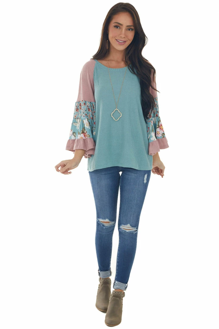 Umgee Teal Colorblock Tiered Sleeve Waffle Knit Top 4 Umgee Teal Colorblock Tiered Sleeve Waffle Knit Top