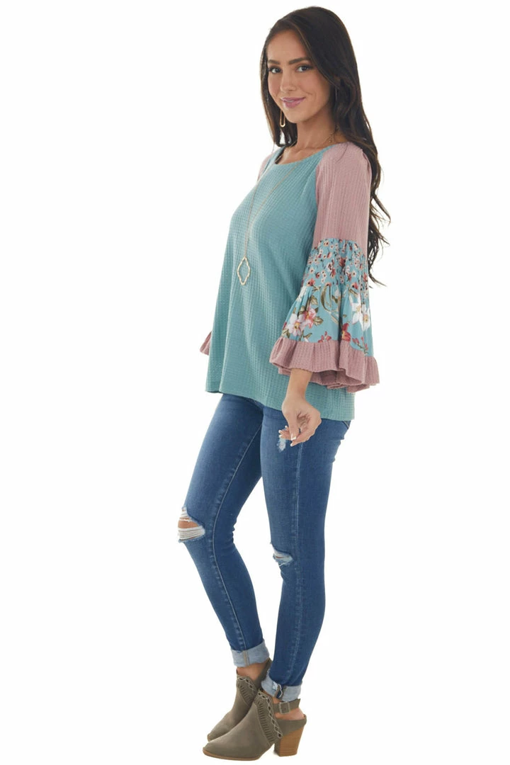 Umgee Teal Colorblock Tiered Sleeve Waffle Knit Top 8 Umgee Teal Colorblock Tiered Sleeve Waffle Knit Top