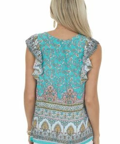 Staccato Teal Floral Print Ruffle Cap Sleeve Blouse 12 Staccato Teal Floral Print Ruffle Cap Sleeve Blouse