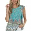 Staccato Teal Floral Print Ruffle Cap Sleeve Blouse