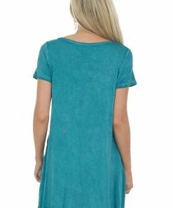 Umgee Teal Mineral Wash Criss Cross Neck Short Dress Dresses
