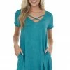 Umgee Teal Mineral Wash Criss Cross Neck Short Dress Dresses