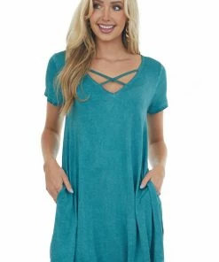 Umgee Teal Mineral Wash Criss Cross Neck Short Dress Dresses