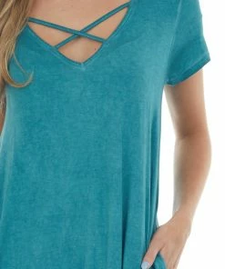 Umgee Teal Mineral Wash Criss Cross Neck Short Dress Dresses