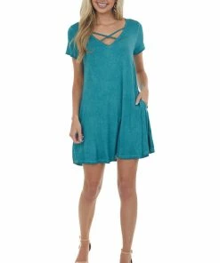 Umgee Teal Mineral Wash Criss Cross Neck Short Dress Dresses