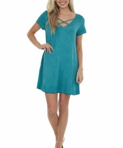 Umgee Teal Mineral Wash Criss Cross Neck Short Dress Dresses