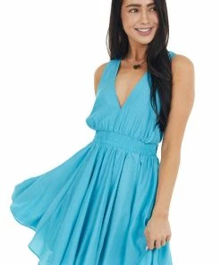 Do + Be Aqua Mini Dress With Open Back And Criss Cross Tie Dresses