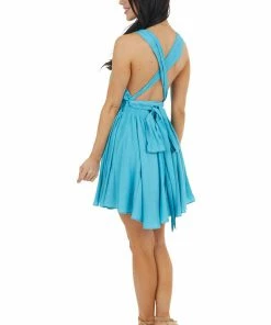 Do + Be Aqua Mini Dress With Open Back And Criss Cross Tie Dresses