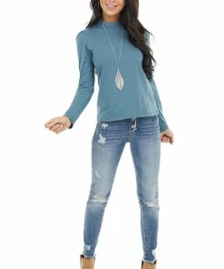 Lime 'N' Chili Teal Mock Neck Top With Long Sleeves And Puffy Shoulders 21 Lime 'N' Chili Teal Mock Neck Top With Long Sleeves And Puffy Shoulders