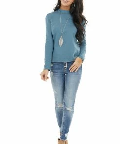 Lime 'N' Chili Teal Mock Neck Top With Long Sleeves And Puffy Shoulders 23 Lime 'N' Chili Teal Mock Neck Top With Long Sleeves And Puffy Shoulders