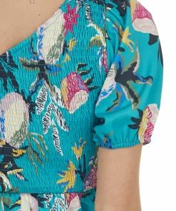Jodifl Teal Multi Floral One Shoulder Smocked Top Tops
