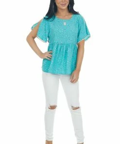 Andree Teal Multicolor Polka Dot Drop Waist Woven Top Tops