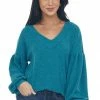 143 Story Tops Teal Reverse Seam V Neck Puff Sleeve Knit Top