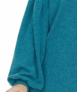 143 Story Tops Teal Reverse Seam V Neck Puff Sleeve Knit Top