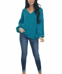 143 Story Tops Teal Reverse Seam V Neck Puff Sleeve Knit Top