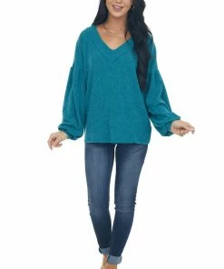 143 Story Tops Teal Reverse Seam V Neck Puff Sleeve Knit Top