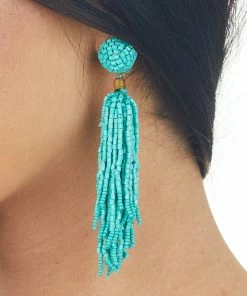 Blandice JEWELRY Teal Seed Bead Tassel Long Dangle Earrings Accessories