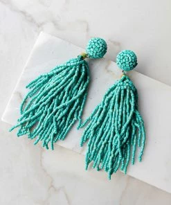 Blandice JEWELRY Teal Seed Bead Tassel Long Dangle Earrings Accessories