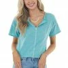 BiBi Tops Teal Short Sleeve V Neck Top With Button Detail