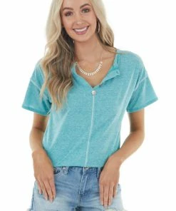 BiBi Tops Teal Short Sleeve V Neck Top With Button Detail