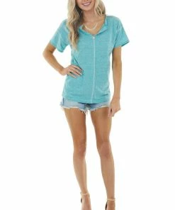 BiBi Tops Teal Short Sleeve V Neck Top With Button Detail